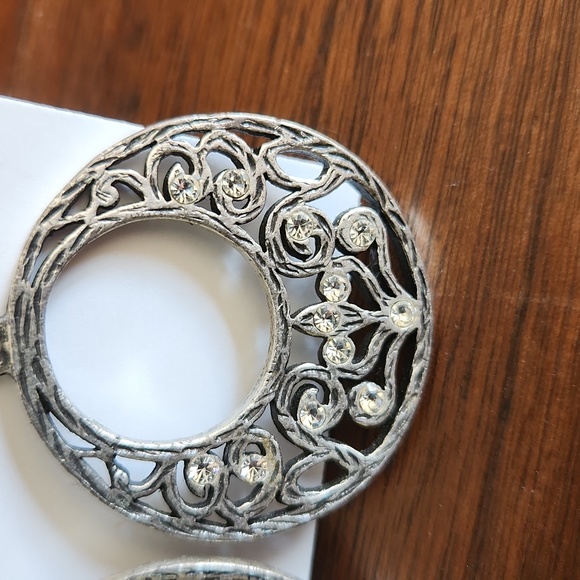 Silver Tone 1 1/4 inch Hoop Ornate Earrings with 12 Rhinestones. Quiet Elegance - Picture 3 of 6